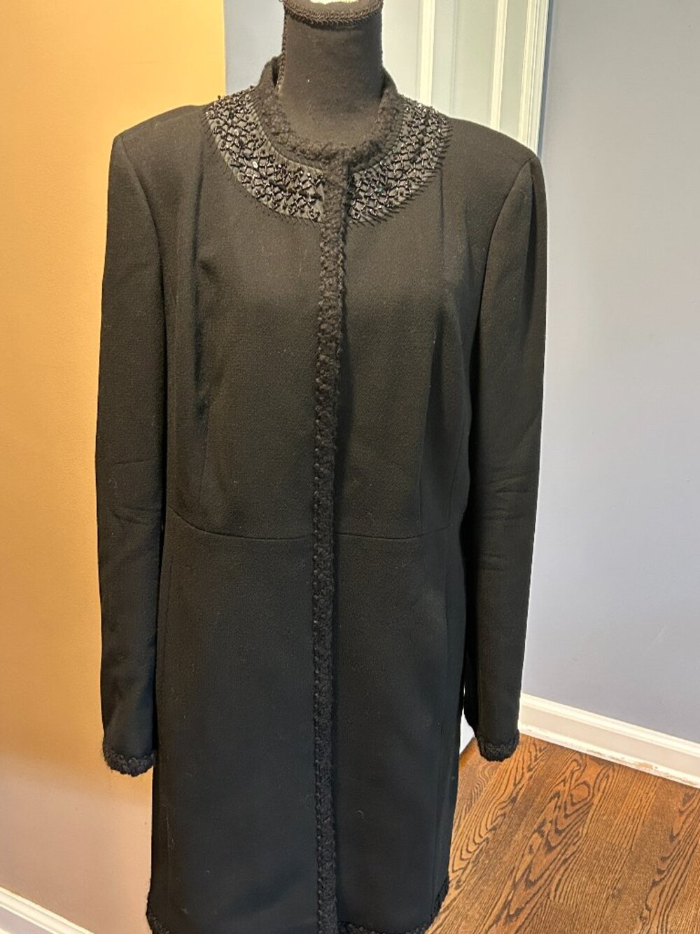 Ann Taylor Black Beaded Collar Long Coat, embellished, bead work, sequins, sz 14